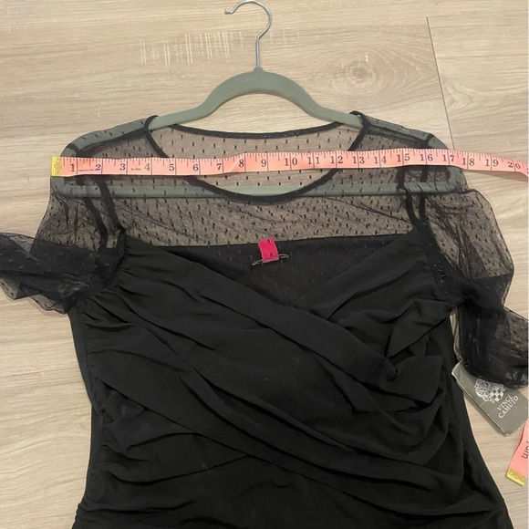 NWT Vince Camuto black dot mesh long sleeve mini dress with ruching medium - Picture 13 of 14